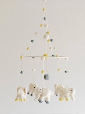 Pehr Baby White Elephant Nursery Mobile with Yellow & Blue wool Accents